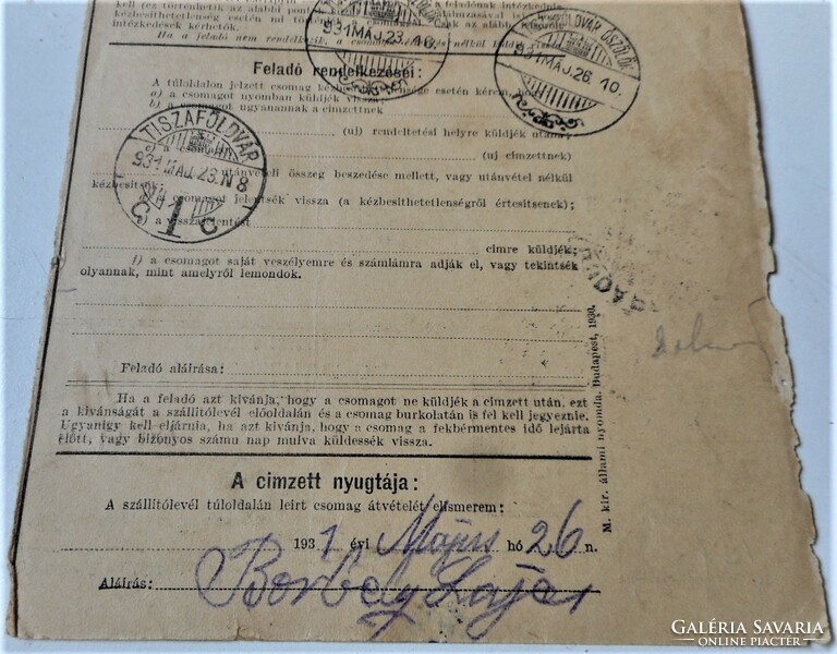 Magyar Kir. Posta csomagszállító 1931 (Tiszaföldvár, művégtag)