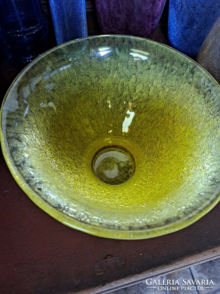 Gyönyörű  Fátyolüveg, karcagi,berekfürdői extra nehéz asztalközép kínáló tál pogácsás sárga