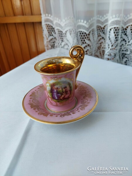 Antik altwien kézzel festett barokk-klasszicista csokoládés, kávés csésze aljával