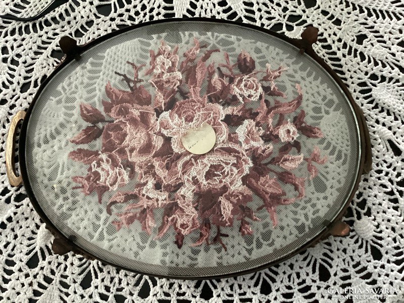 Copper-framed tray with tapestry embroidery