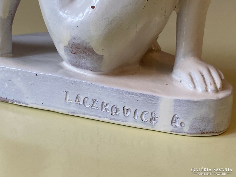 Laczkovics a, sitting, daydreaming boy - marked retro ceramic sculpture covered with white glaze