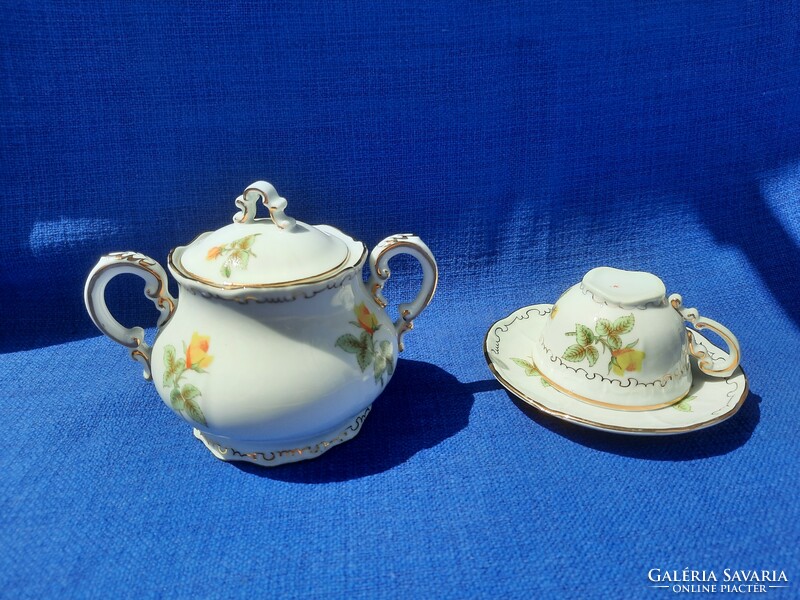 Zsolnay yellow rose pattern sugar bowl, mocha, coffee cup