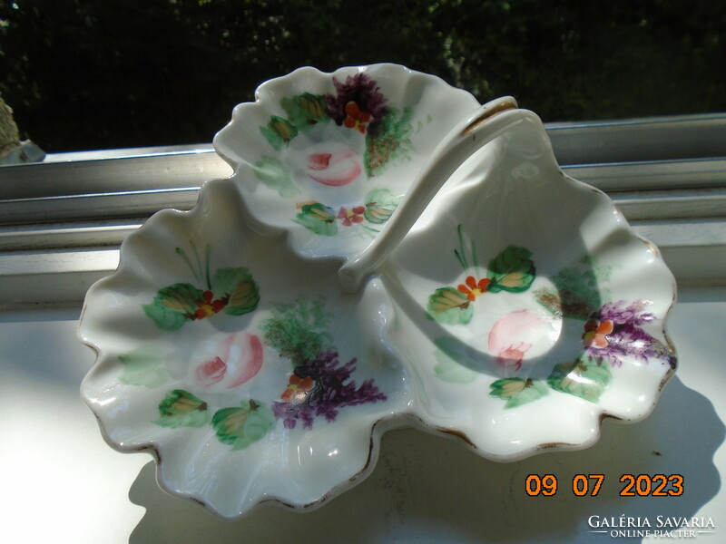 Antique hand-painted art nouveau 3-shell bonbonier with flower string tongs with rose and lavender pattern