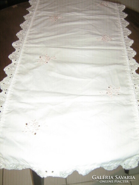Beautiful pink rose and blue floral madeira table runner set with white lace edge