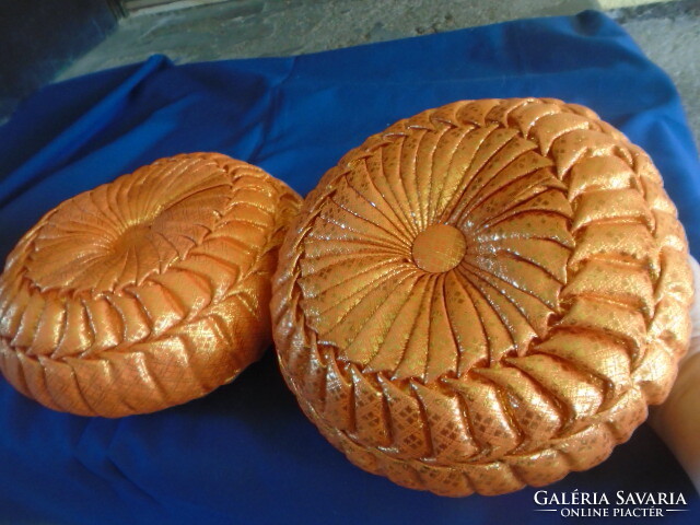 2 original ottoman pillows/ or puffs. Pieces woven with gold thread