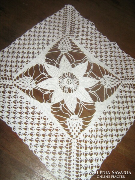 Beautiful antique hand crocheted white tablecloth with floral pattern