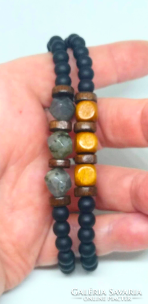 Men's mineral bracelet set, made of matte onyx agate and labradorite and wooden beads 303