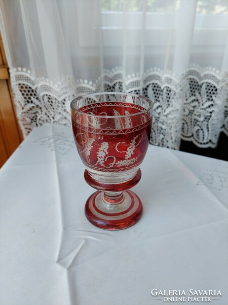 Beautifully engraved, colorful, thick-walled commemorative glass in good condition