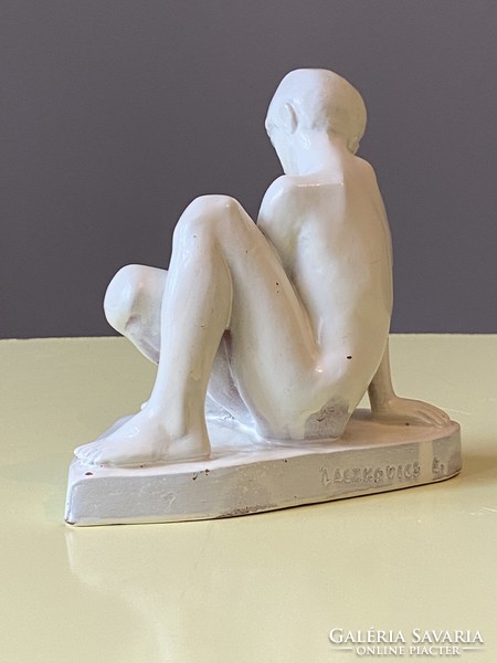 Laczkovics a, sitting, daydreaming boy - marked retro ceramic sculpture covered with white glaze