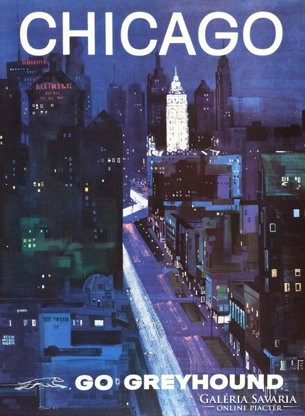 Retro vintage American travel advertising poster chicago usa 1960, modern reprint print, cityscape in the evening