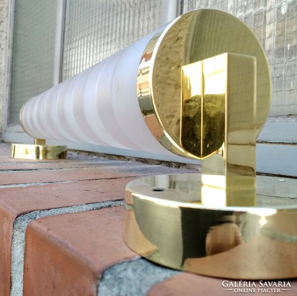 Art deco - streamline - bauhaus 2 burner copper wall lamp renovated - striped (2-tone) acid-plated glass tube