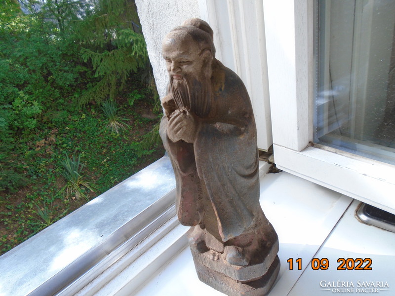 Confucius old Chinese carved painted wooden statue