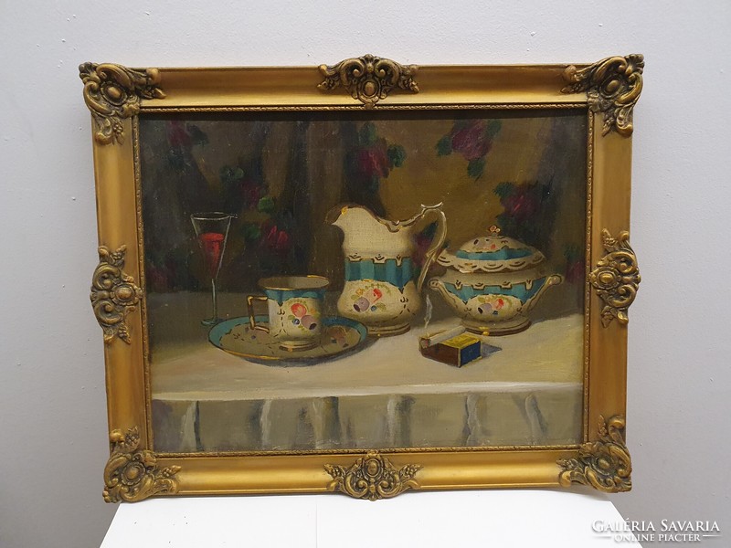 Table still life with porcelain, oil painting, blonde in a picture frame