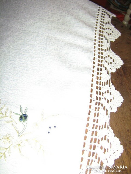 Beautiful huge blue floral hand-crocheted elegant silk damask tablecloth