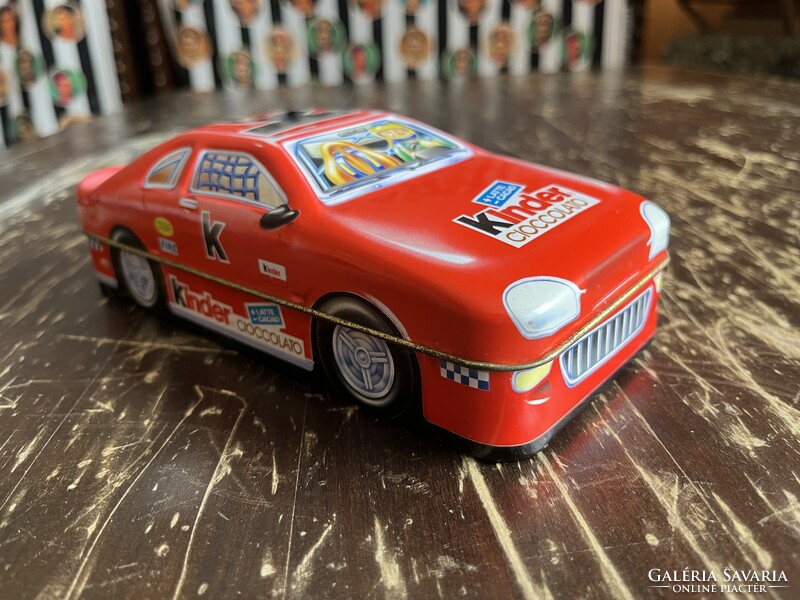 Very rare metal box in the shape of an old retro kinder chocolate racing car