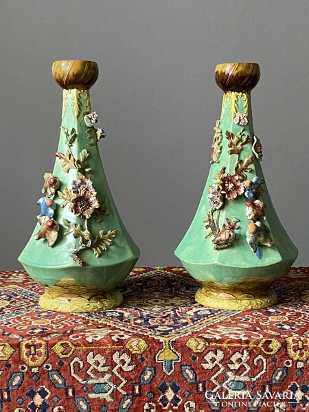 Pair of 2 antique josef strnact 1881-1934 art nouveau green flower and bird appliqué faience vases