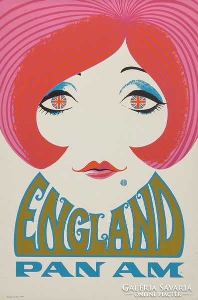Retro vintage American travel advertising poster England 1960, modern reprint print female face English flag