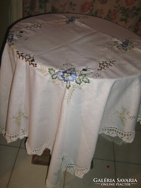 Beautiful huge blue floral hand-crocheted elegant silk damask tablecloth