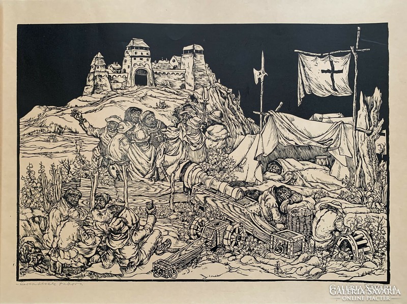 Mihály Gácsi (1926-1987) Crusade (1972) /dózsa series/ c. Linocut /35.5x51cm/