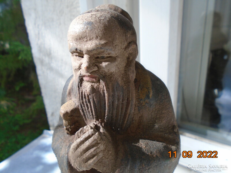 Confucius old Chinese carved painted wooden statue