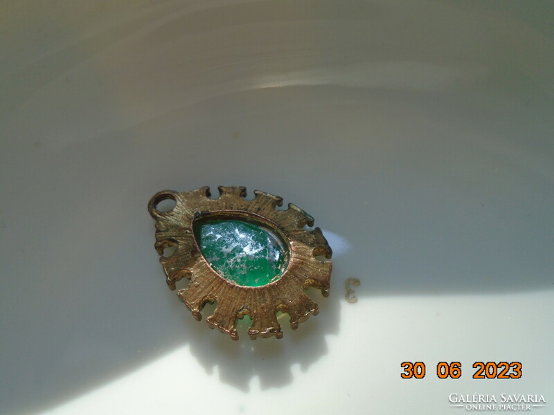 Older copper pendant inlaid with faceted green stone and pearls