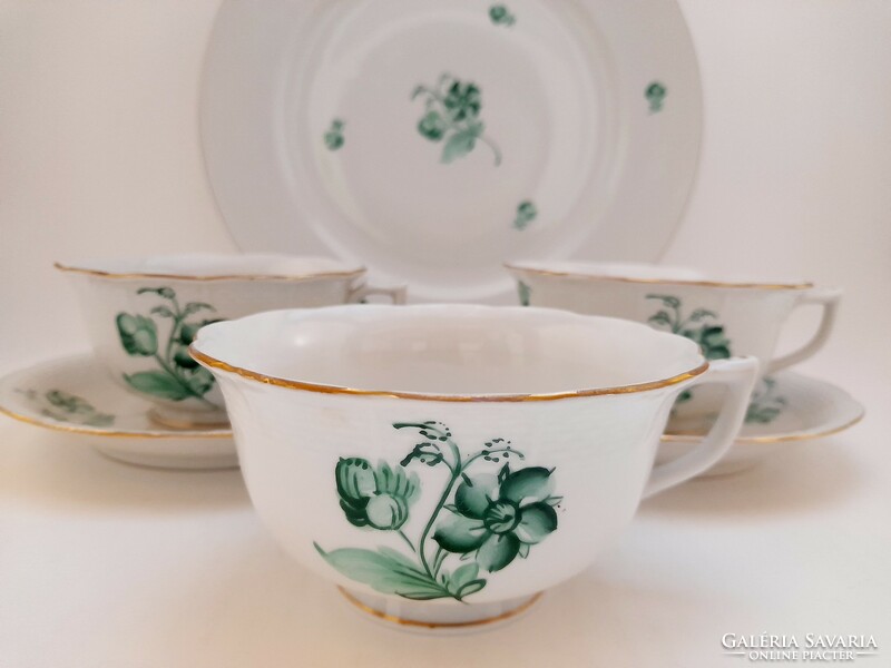 Herendi zöld virágos, zeller mintás teás csészék és tányér egyben