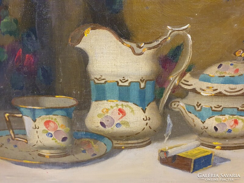 Asztali csendélet porcelánokkal, olajfestmény, blondel képkeretben