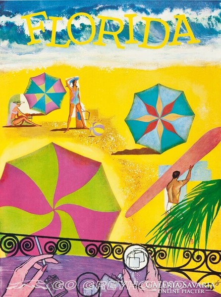 Retro vintage American travel advertising poster Florida USA 1960, modern reprint, beach beach umbrella