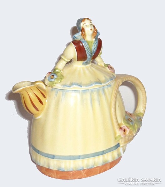 Antique majolica teapot, lady with pouring flower basket, also for collectors!!!