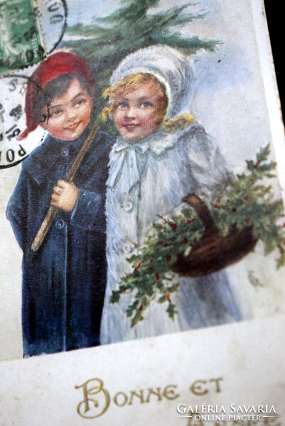 Antik Újévi üdvözlő litho képeslap gyerekek fenyőfával magyal