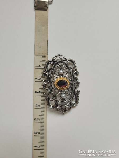 Antique baroque style garnet stone gold inlaid silver filigree brooch!