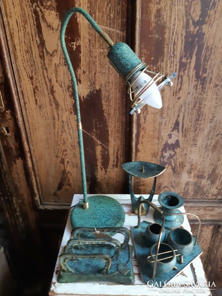 Art deco copper ashtray, match holder and candle holder