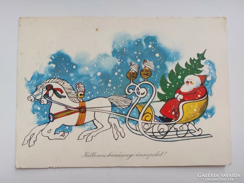 Old Christmas postcard 1970 retro postcard with Santa's sleigh