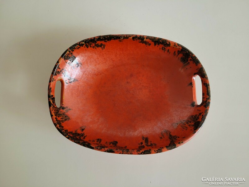 Retro glazed ceramic oval bowl with handle, mid century decorative bowl
