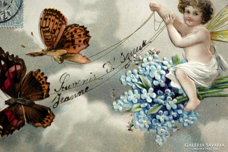 Antique embossed greeting card fairy butterfly toothless forget-me-not