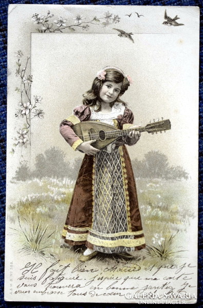 Antique a&m b graphic litho postcard with little girl mandolin