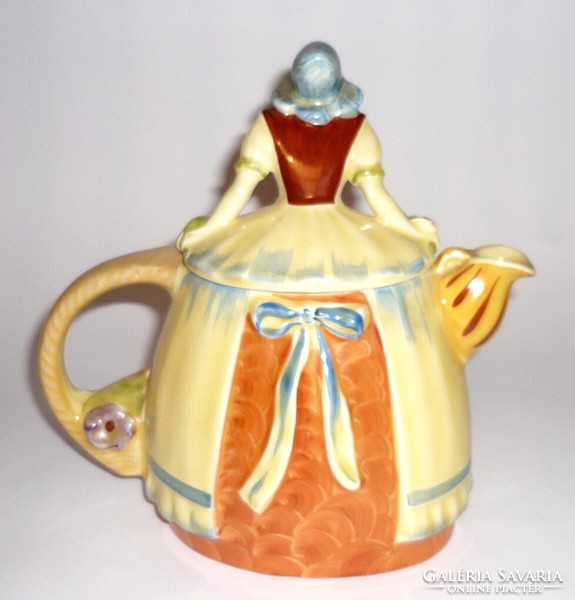 Antique majolica teapot, lady with pouring flower basket, also for collectors!!!