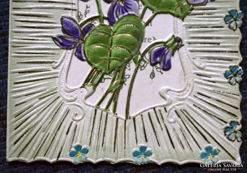 Antique embossed greeting opening lace postcard violet April 1.