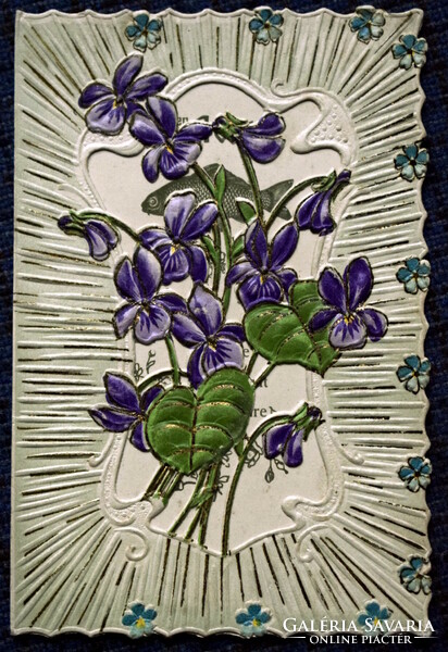 Antique embossed greeting opening lace postcard violet April 1.