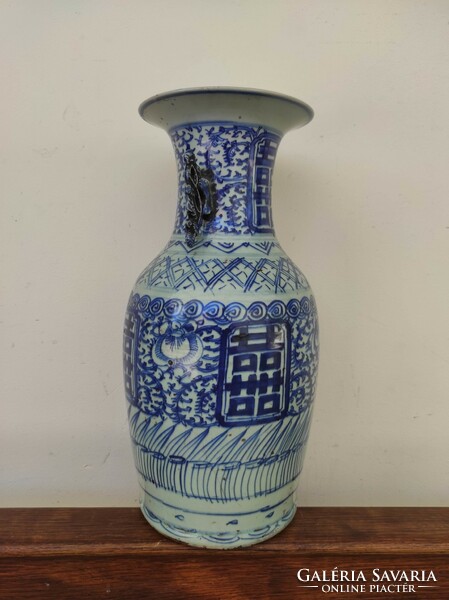 Antik kínai porcelán nagy kék esküvői jókívánság váza füle törött 872 7459