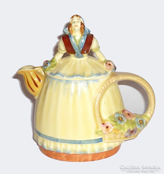 Antique majolica teapot, lady with pouring flower basket, also for collectors!!!