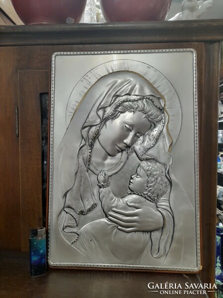 Large silver 925 embossed image of the Madonna with her child, holy image.