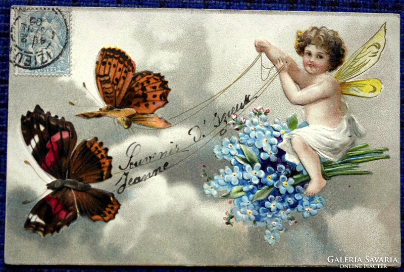 Antik dombornyomott üdvözlő  képeslap tündérke pillangó fogaton nefelejcs