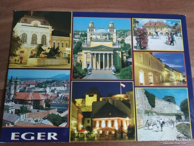 Eger, split postcard, postmark