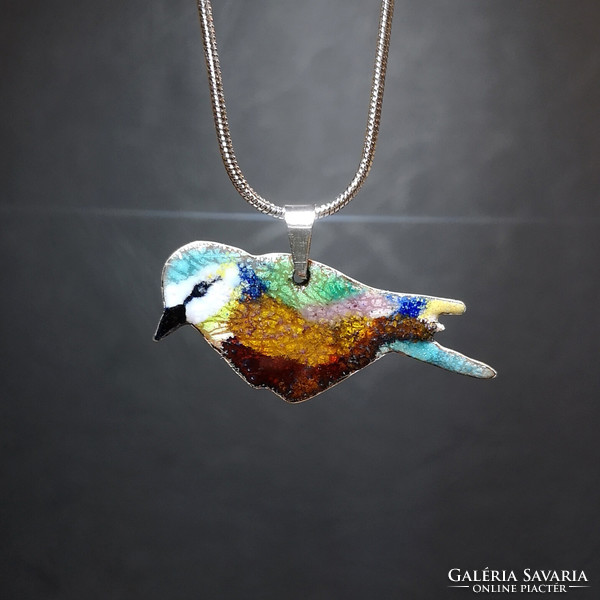 Bird fire enamel necklace 2. (New, handmade)