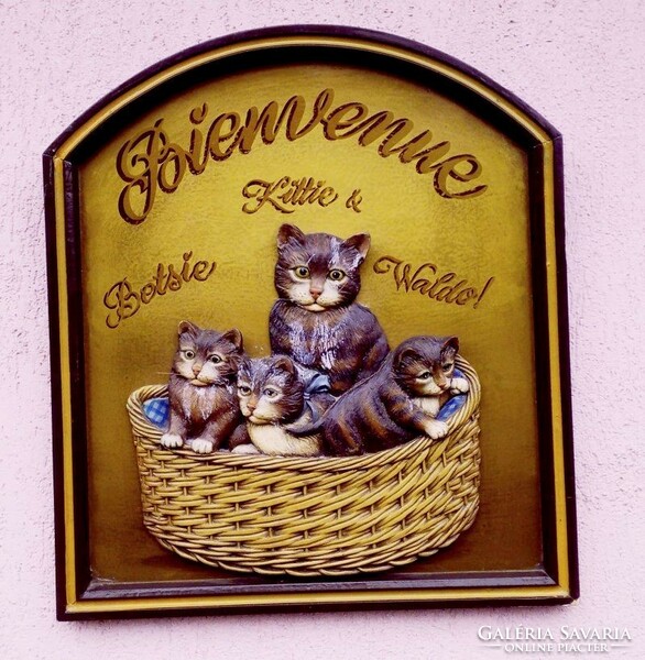 Embossed greeting billboard with kittens, framed.