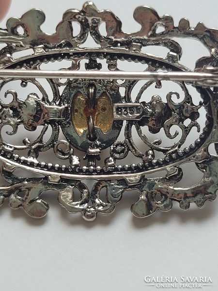 Antique baroque style garnet stone gold inlaid silver filigree brooch!