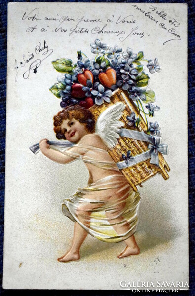 Antik dombornyomott üdvözlő  képeslap angyalka virágkosárral szív ibolya