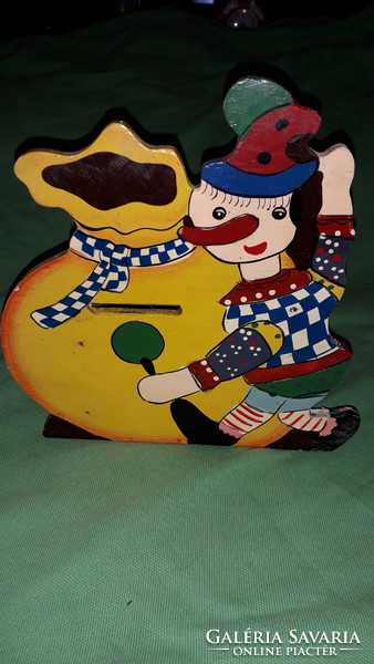 Antik Iparművész asztaldísz festett fa cirkuszi zenebohóc persely 17 x 17 X 7 cm a képek szerint