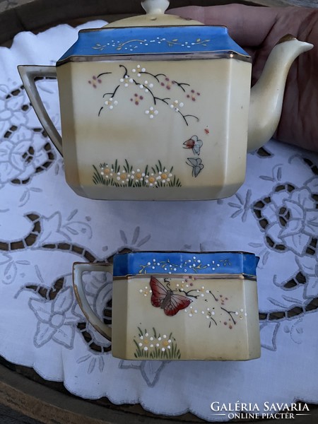 Antique hand-painted Chinese, interestingly shaped, two-compartment porcelain spout and jug